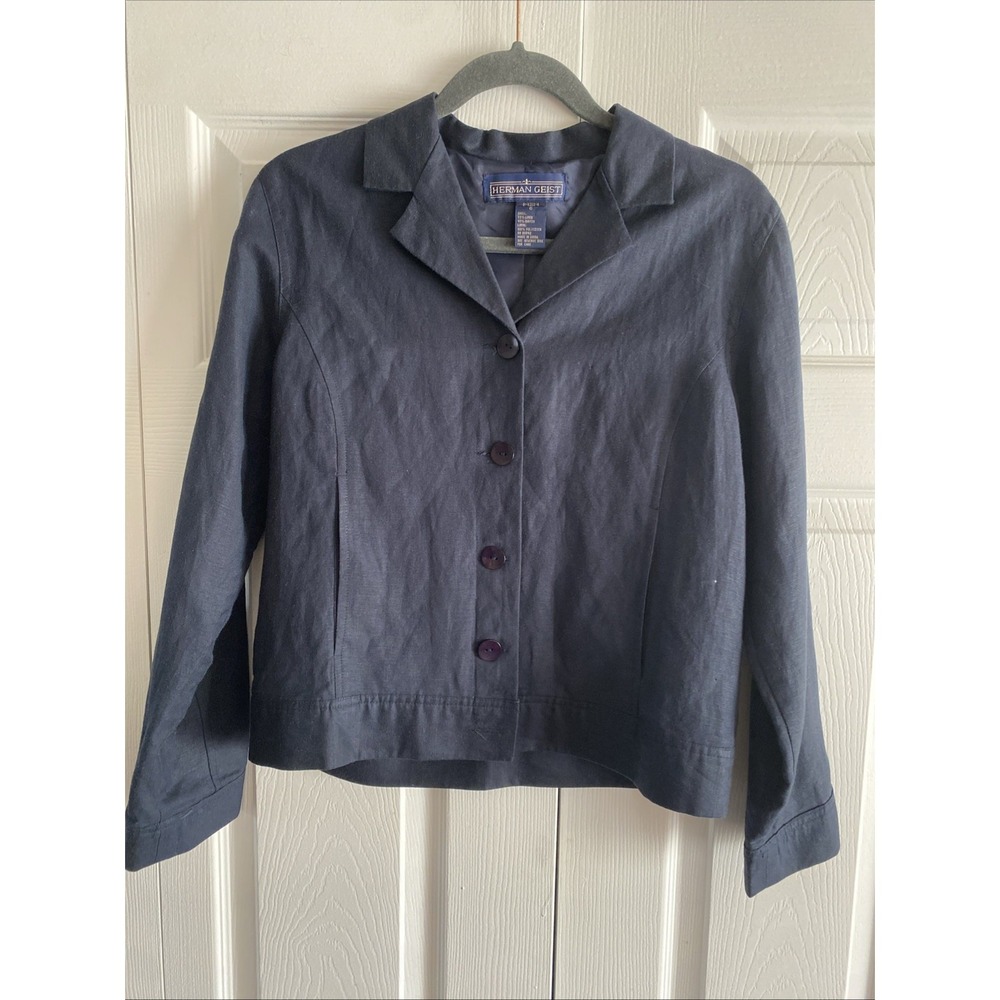 Herman Geist Linen Blend Blazer Size 6 Navy Blue Professional Career‎ Jacket
